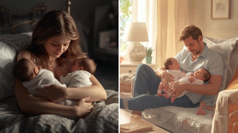 쌍둥이 육아를 하는 엄마와 아빠의 모습