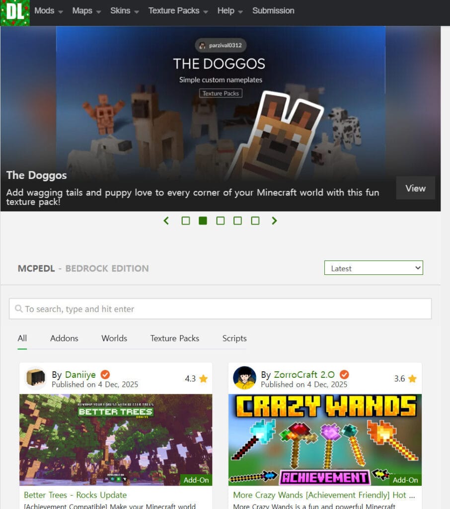 MCPEDL 메인페이지 화면