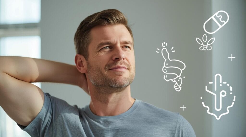 피로회복 영양제를 꾸준히 복용하는 남자의 아침 표정