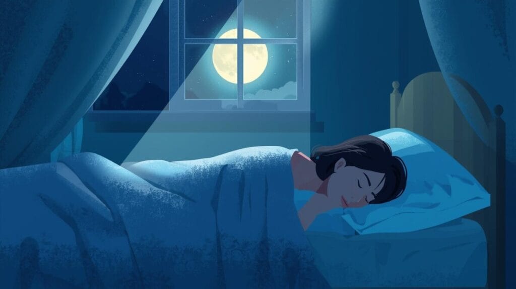 달빛이 드리우는 방에서 곤히 잠자는 여자의 모습