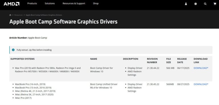 AMD 애플 부트캠프 그래픽 드라이버 다운로드 페이지