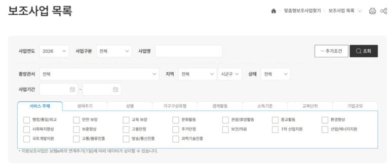 e-나라도움 맞춤형 보조사업 찾기 메뉴 실행 화면